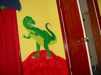 T-Rex hiding behind door