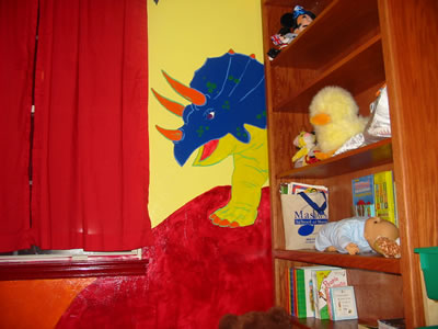Bookshelf opposite beds